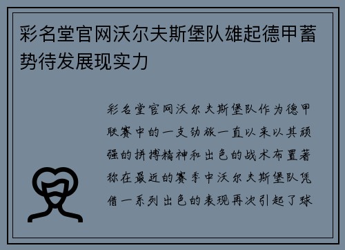 彩名堂官网沃尔夫斯堡队雄起德甲蓄势待发展现实力