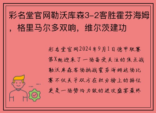 彩名堂官网勒沃库森3-2客胜霍芬海姆，格里马尔多双响，维尔茨建功