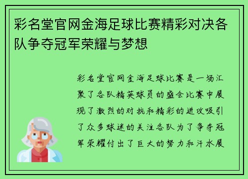 彩名堂官网金海足球比赛精彩对决各队争夺冠军荣耀与梦想