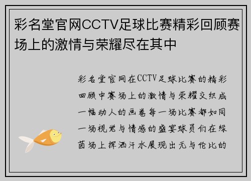 彩名堂官网CCTV足球比赛精彩回顾赛场上的激情与荣耀尽在其中