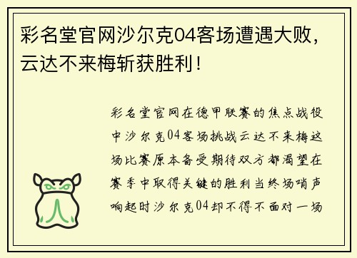 彩名堂官网沙尔克04客场遭遇大败，云达不来梅斩获胜利！